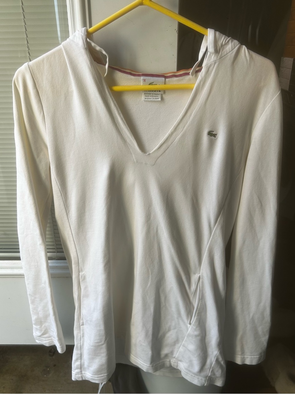 Lacoste White V-Neck Hooded Long Sleeve Pullover Top